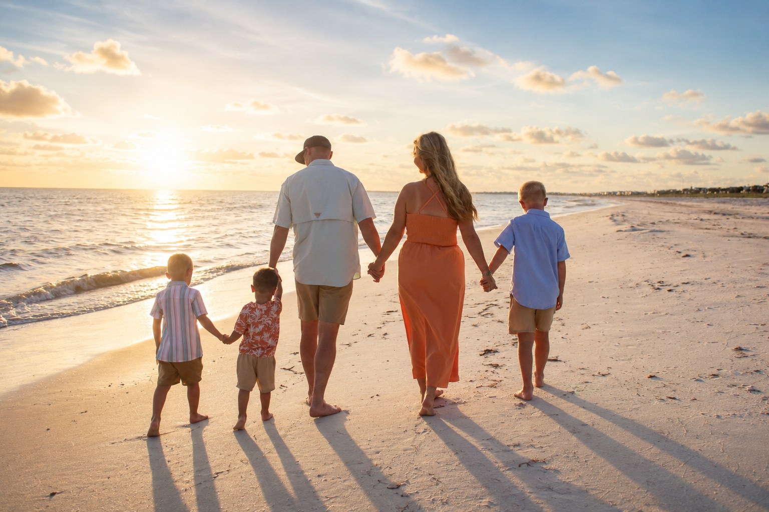 Family walking together at sunset on a Gulf Coast beach